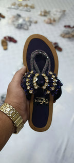 S-Four Collection Midnight Plum Crystal-Embellished T-Strap Flats – Royal Jeweled Festive Chappals