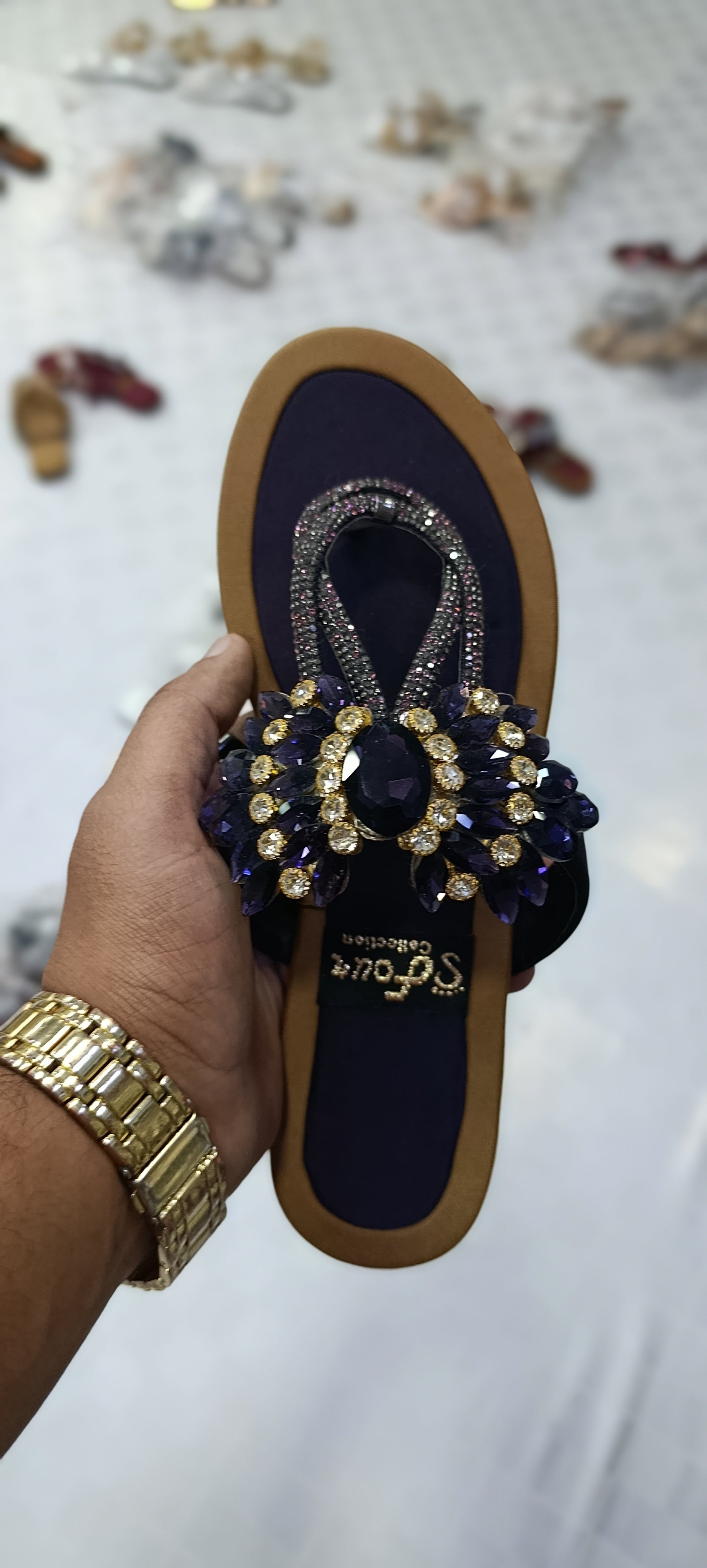 S-Four Collection Midnight Plum Crystal-Embellished T-Strap Flats – Royal Jeweled Festive Chappals