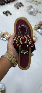S.Four Collection Maroon Jewel-Encrusted T-Strap Flats – Luxurious Ruby Embellished Festive Chappals