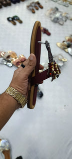 S.Four Collection Maroon Jewel-Encrusted T-Strap Flats – Luxurious Ruby Embellished Festive Chappals