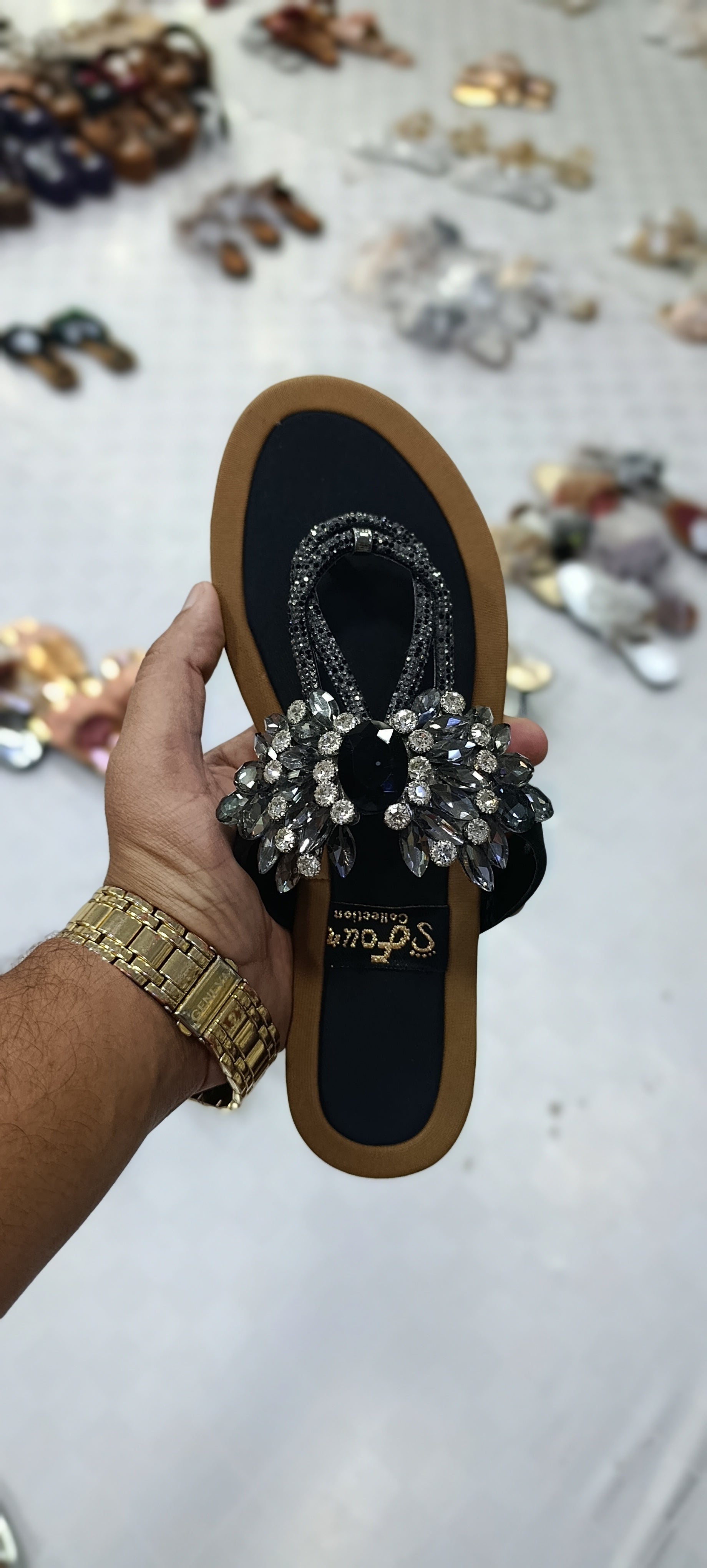 Stylo Ladies Obsidian Jewel-Encrusted Toe-Post Sandals – Glamorous Floral Crystal Flat Chappals (Model 9024)