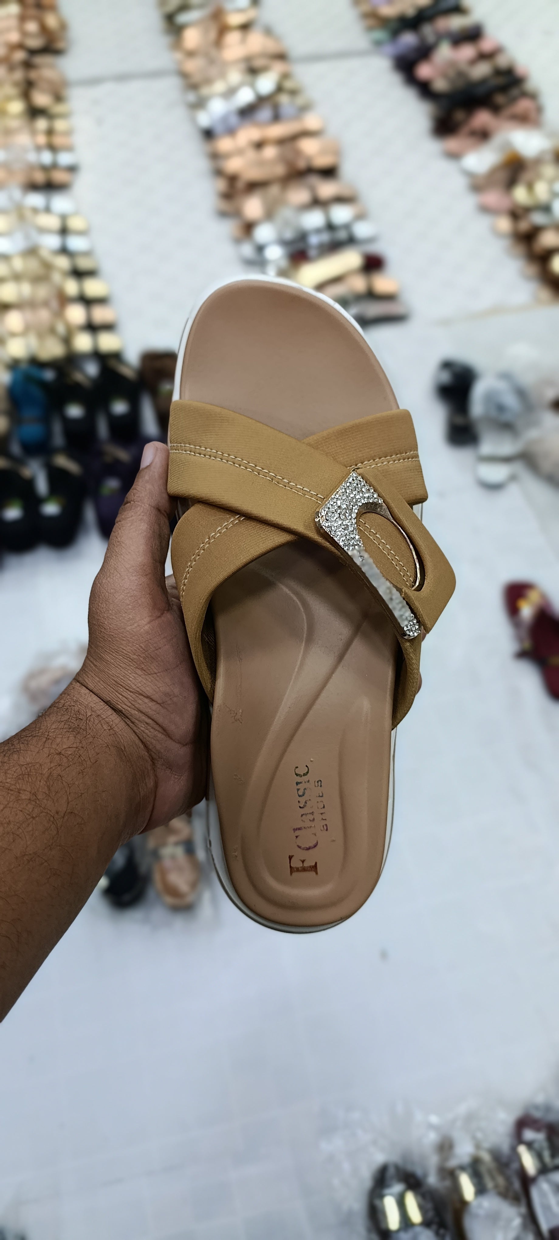 E-Classic Ladies Rhinestone Crossover Comfort Sandals