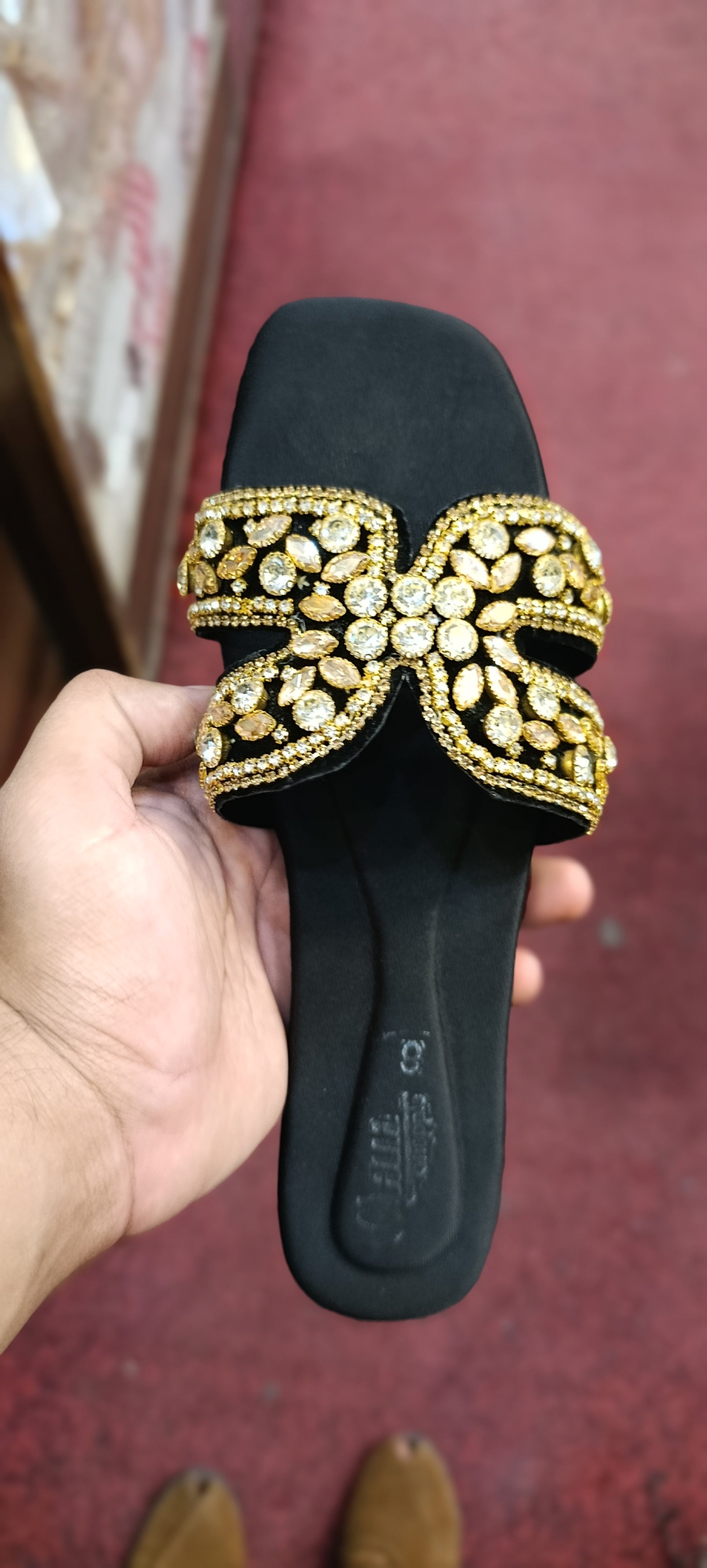 Women's Gold Crystal Flat Sandals – Rhinestone Embellished Chappal for Ladies