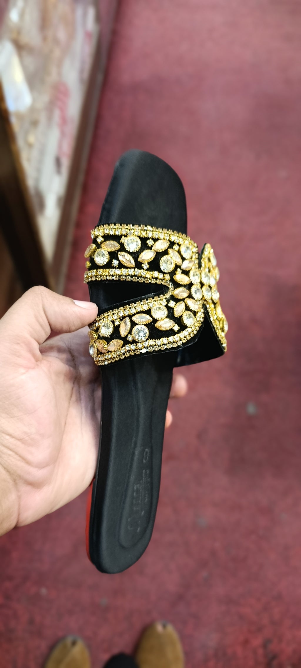 Women's Gold Crystal Flat Sandals – Rhinestone Embellished Chappal for Ladies