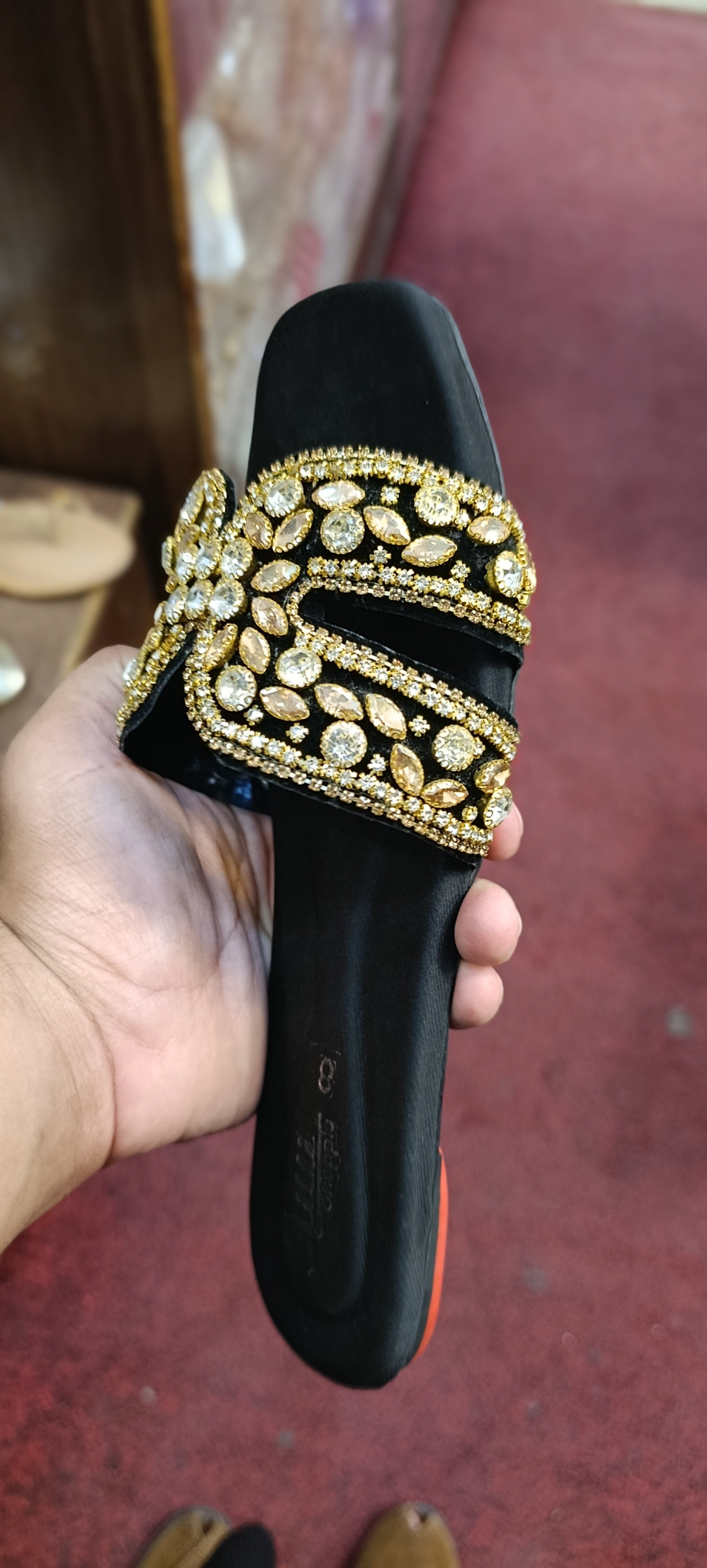 Women's Gold Crystal Flat Sandals – Rhinestone Embellished Chappal for Ladies