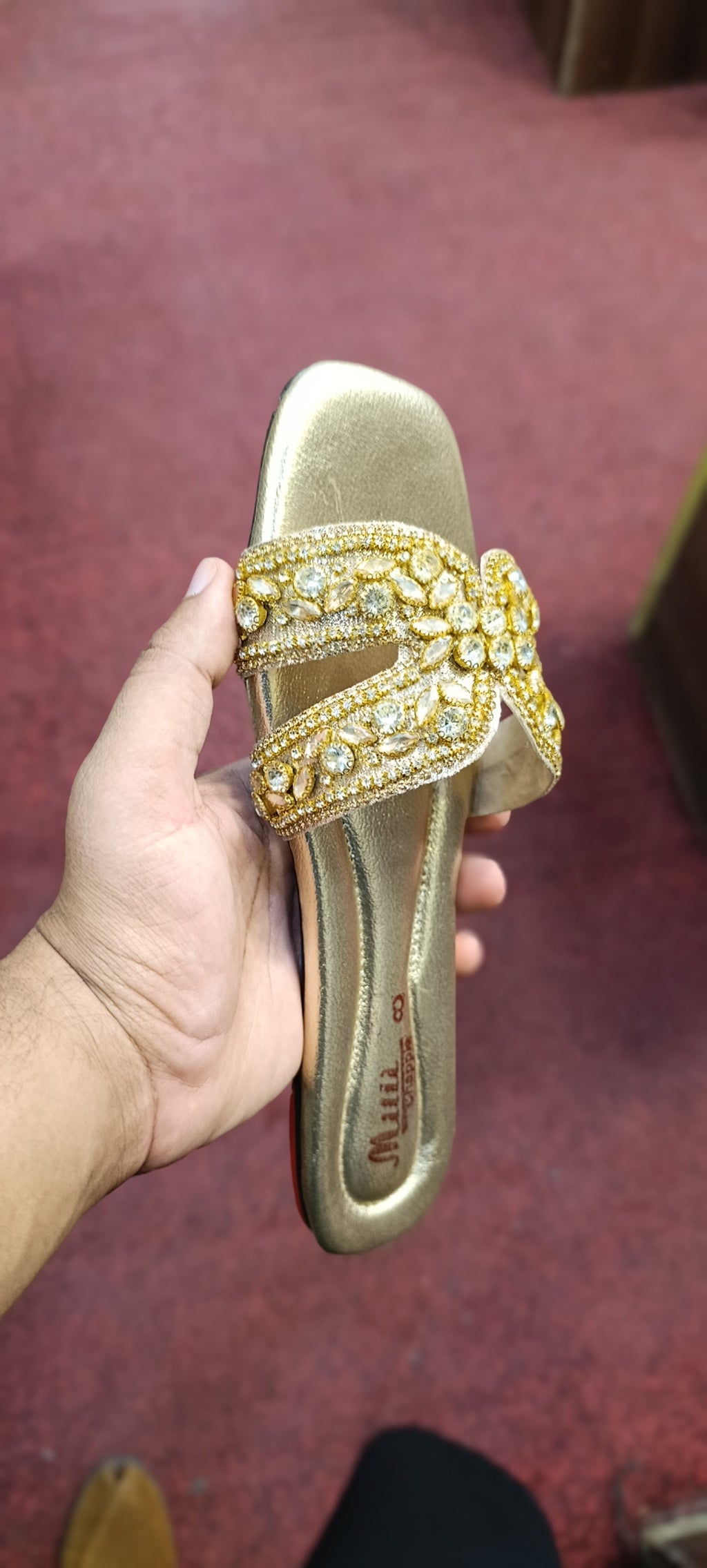 Women's Gold Crystal Flat Sandals – Rhinestone Embellished Chappal for Ladies