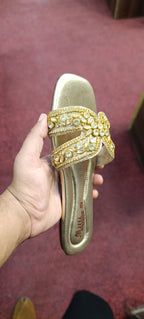 Women's Gold Crystal Flat Sandals – Rhinestone Embellished Chappal for Ladies