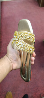 Women's Gold Crystal Flat Sandals – Rhinestone Embellished Chappal for Ladies