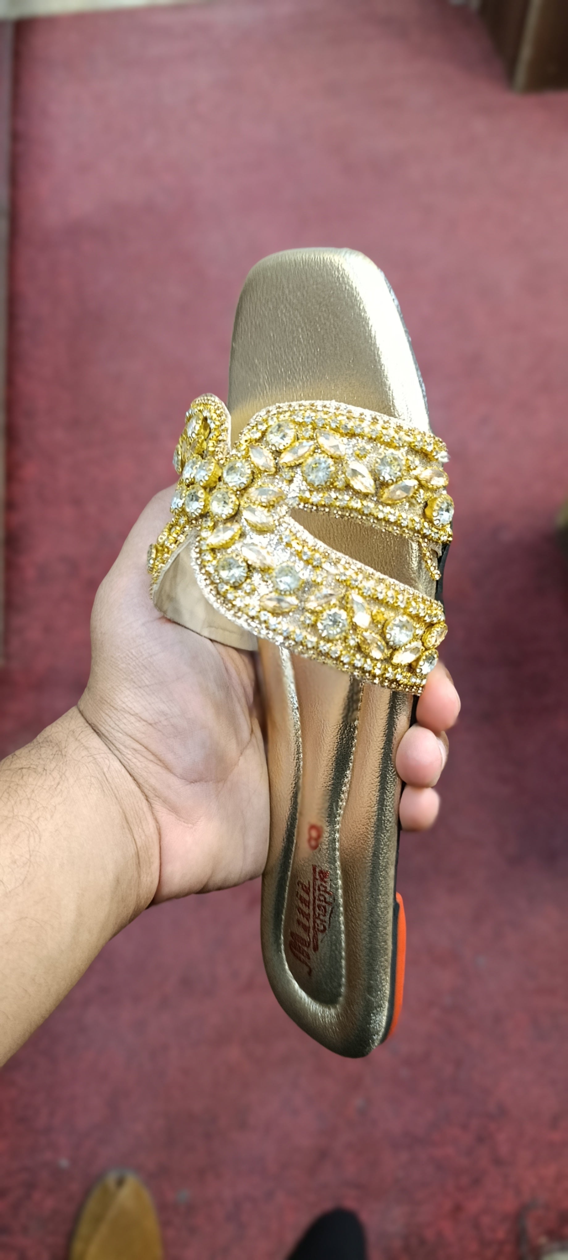 Women's Gold Crystal Flat Sandals – Rhinestone Embellished Chappal for Ladies