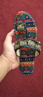 Women's Tribal Flat Sandals Black – Antique Gold Leaf Charms Ethnic Chappal Pakistan Rs.2400