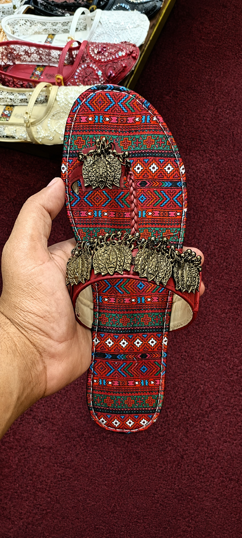 Women's Tribal Flat Sandals Red – Antique Gold Leaf Charms Ethnic Chappal Pakistan Rs.2400