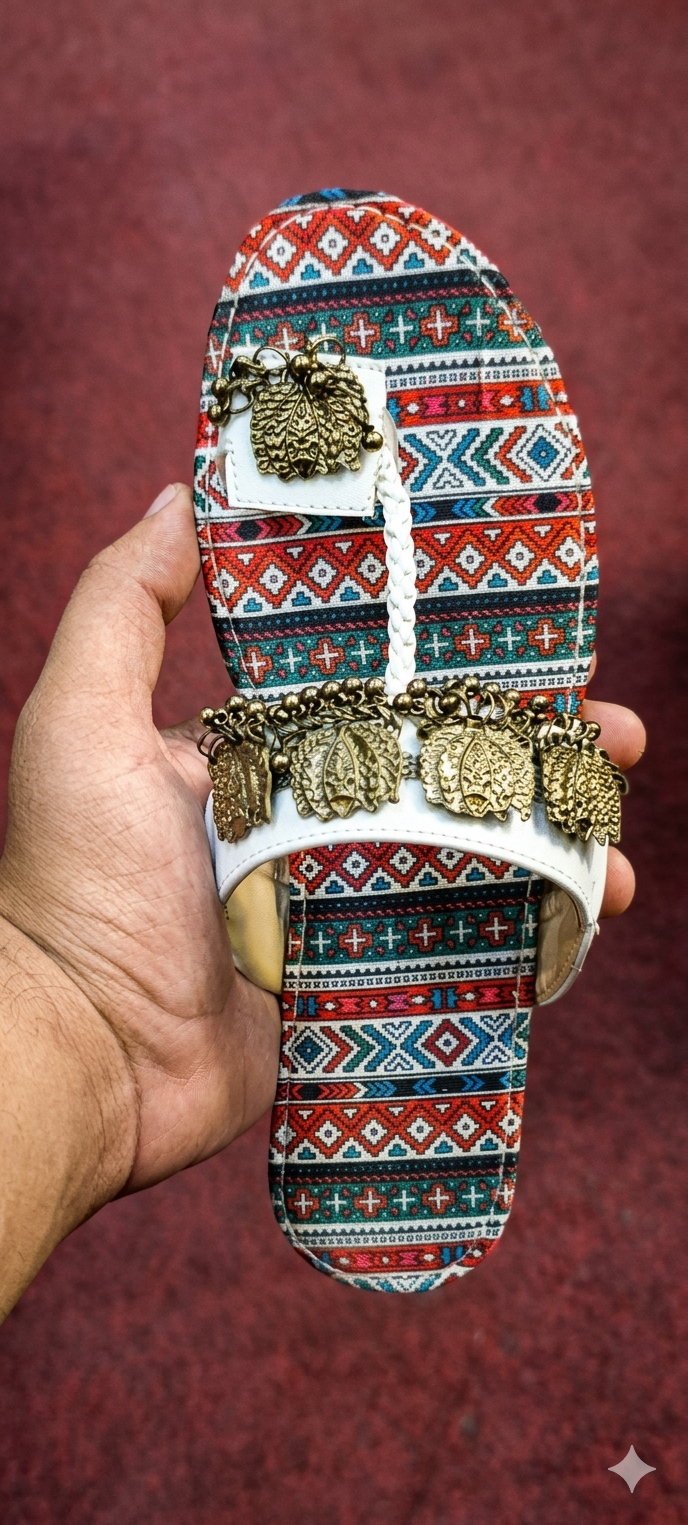 Women's Tribal Flat Sandals White – Antique Gold Leaf Charms Ethnic Chappal Pakistan Rs.2400