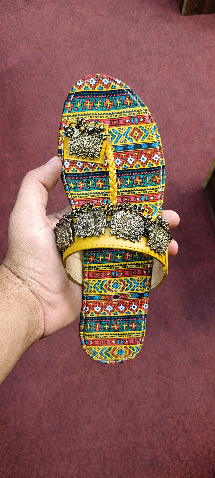 Women's Tribal Flat Sandals Yellow – Antique Gold Leaf Charms Ethnic Chappal Pakistan Rs.2400