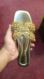 Women's Gold Crystal Flat Sandals – Rhinestone Embellished Chappal for Ladies