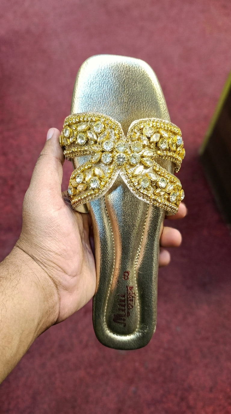 Women's Gold Crystal Flat Sandals – Rhinestone Embellished Chappal for Ladies