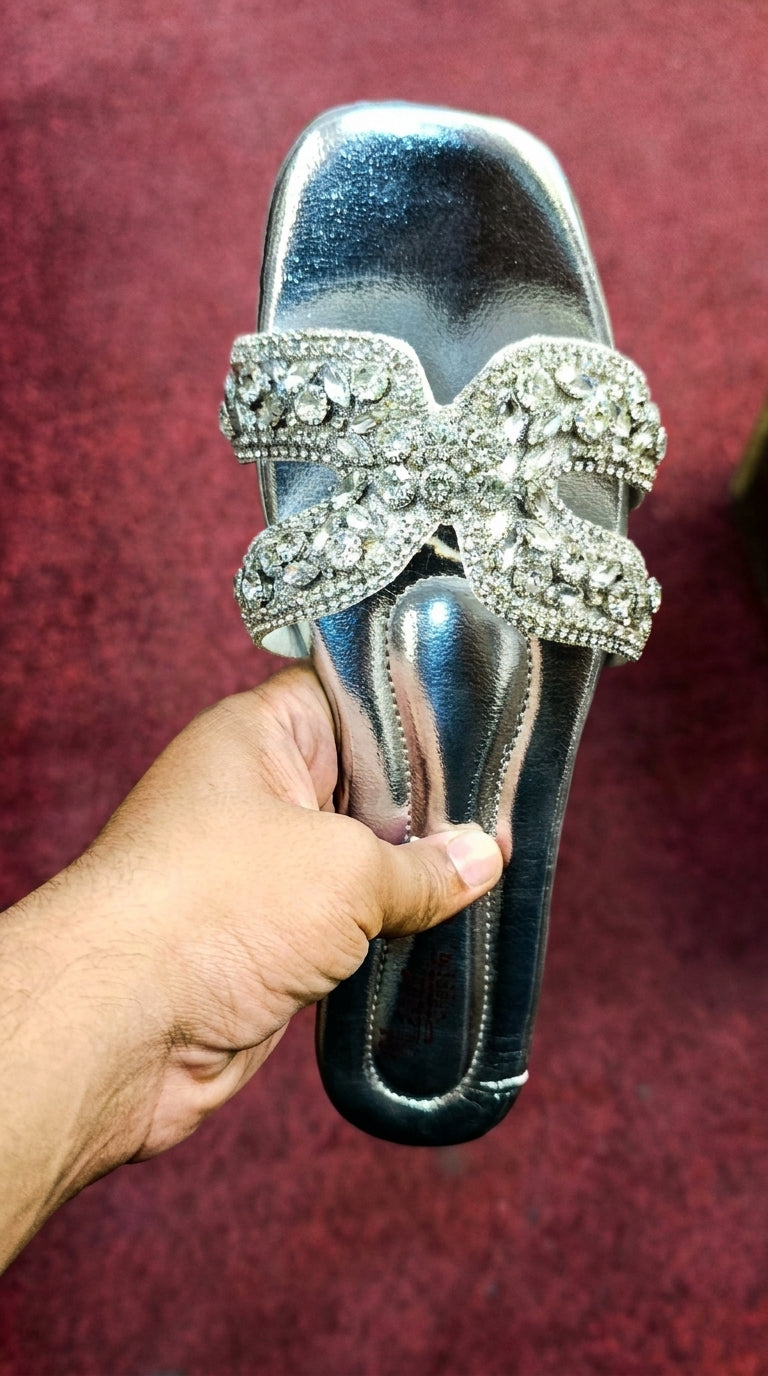 Women's Gold Crystal Flat Sandals – Rhinestone Embellished Chappal for Ladies
