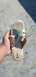 Women's Gold Embroidered Criss-Cross Slide Sandals – Elegant Floral Champagne Slides