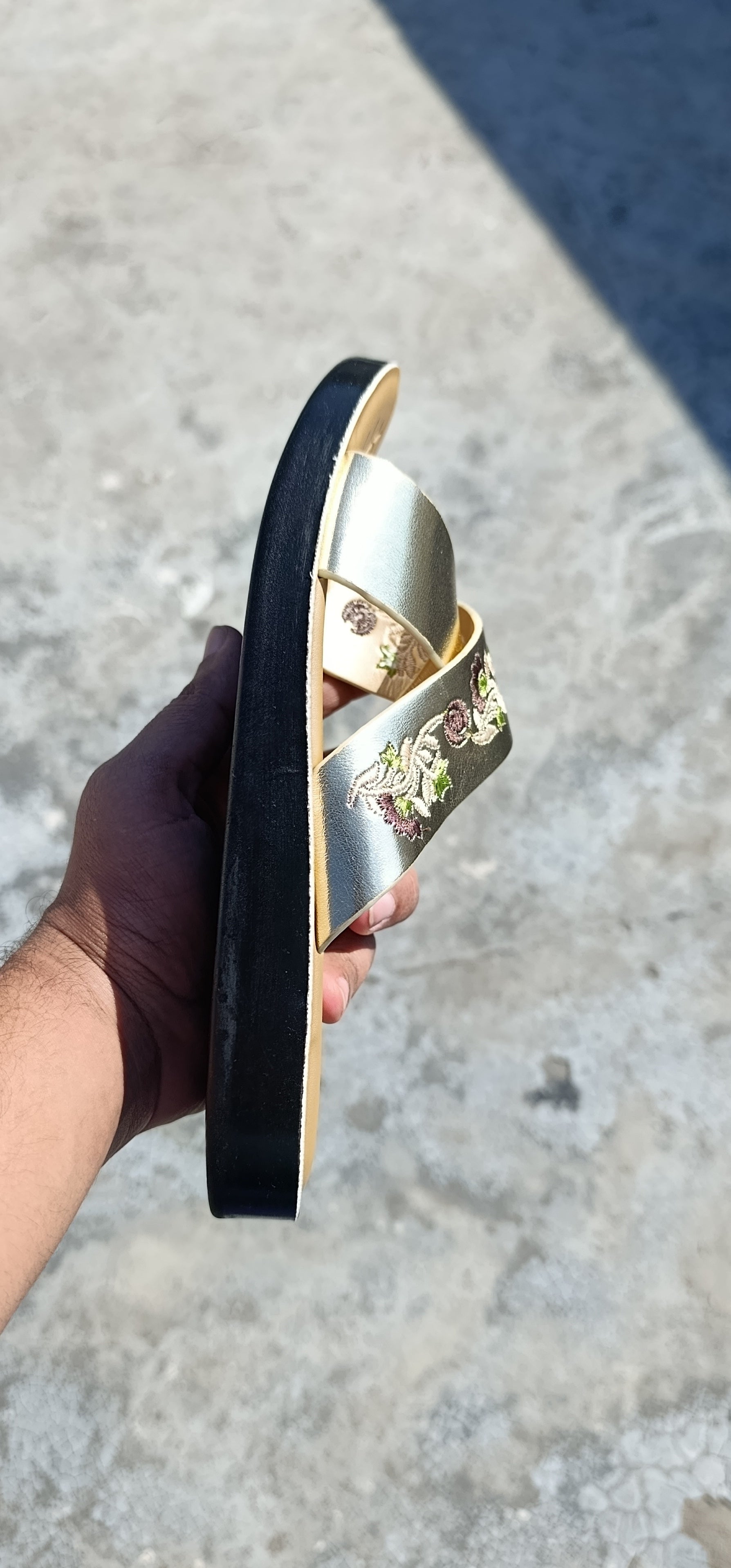 Women's Gold Embroidered Criss-Cross Slide Sandals – Elegant Floral Champagne Slides