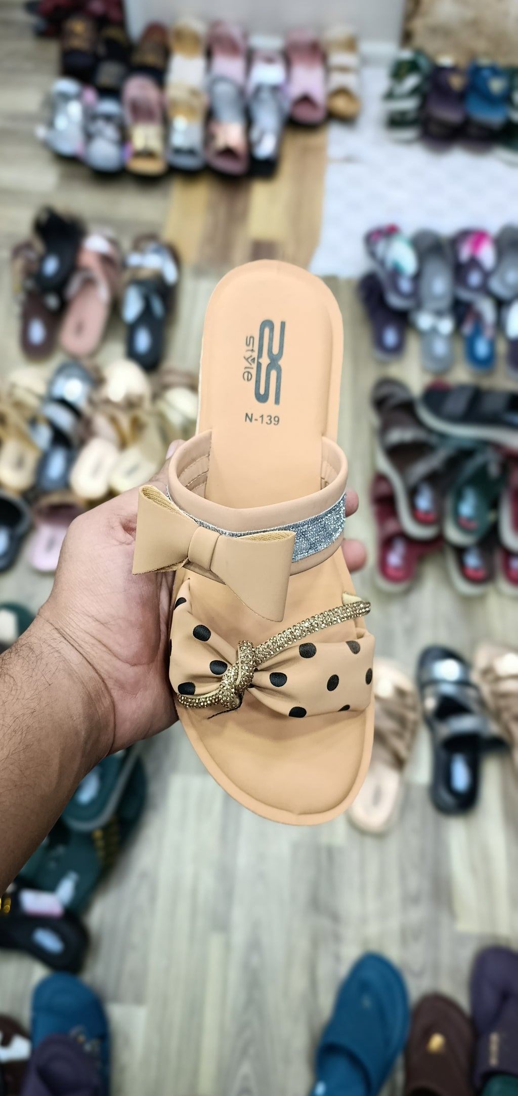 Stylo Ladies Nude Polka-Dot Bow Slides – Trendy Double-Strap Shimmer Chappals
