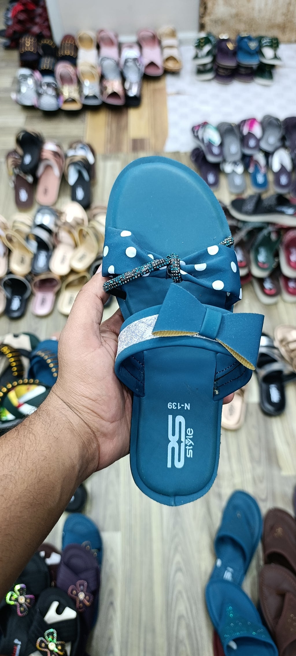 Stylo Ladies Polka-Dot Bow Slides – Fashionable Double-Strap Glitter Chappals