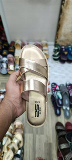 Stylo Ladies Rose Gold Metallic Criss-Cross Slides – Elegant Festive Wear Cushioned Chappals