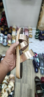 Stylo Ladies Rose Gold Metallic Criss-Cross Slides – Elegant Festive Wear Cushioned Chappals