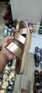 Stylo Ladies Rose Gold Metallic Criss-Cross Slides – Elegant Festive Wear Cushioned Chappals