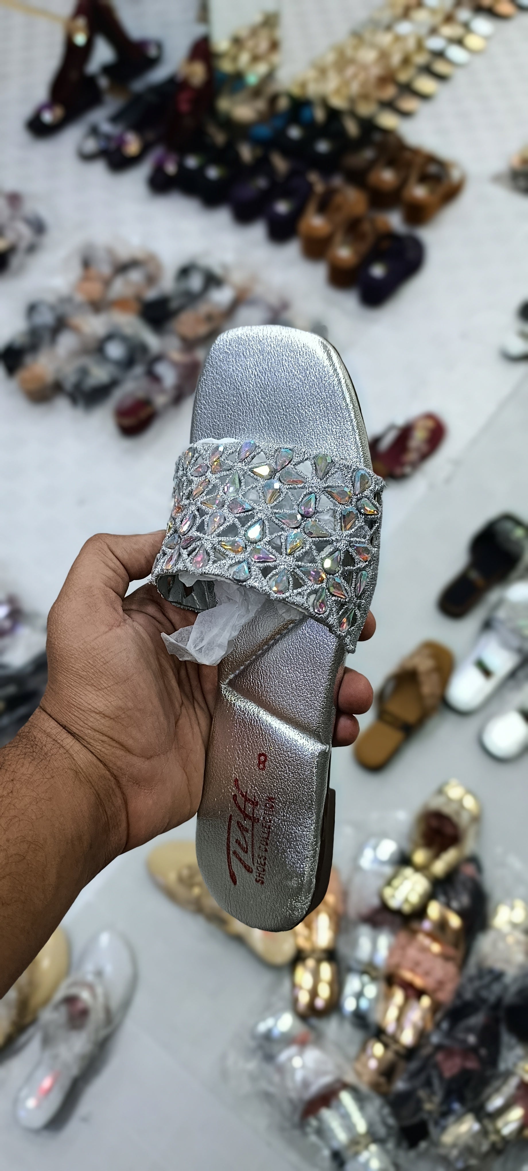 Tuff Floral Crystal Slides – Modern Square-Toe Party Flats