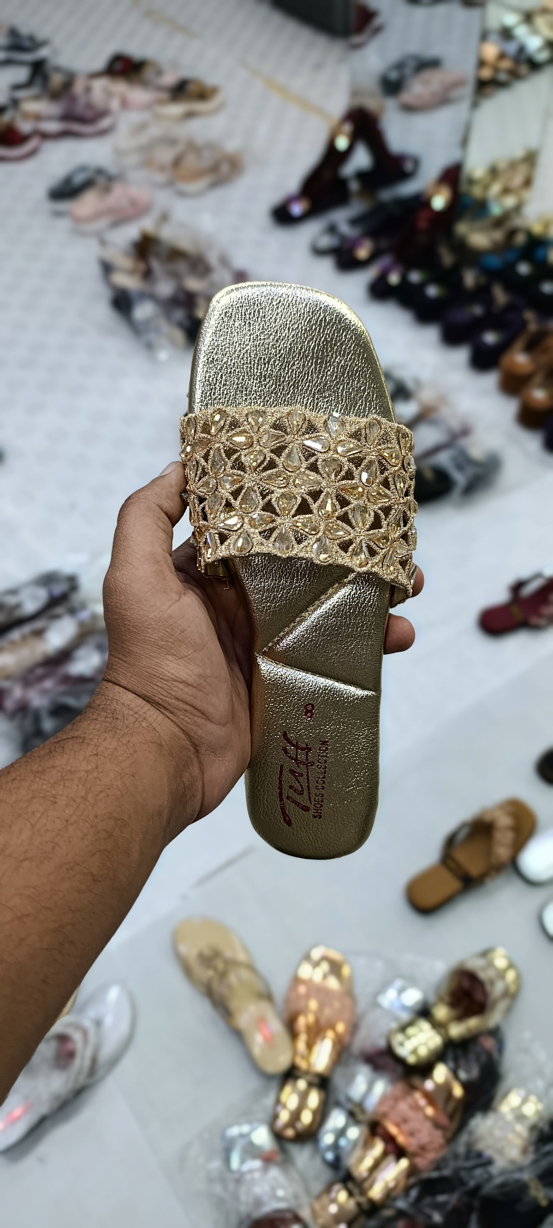 Tuff Floral Crystal Slides – Modern Square-Toe Party Flats