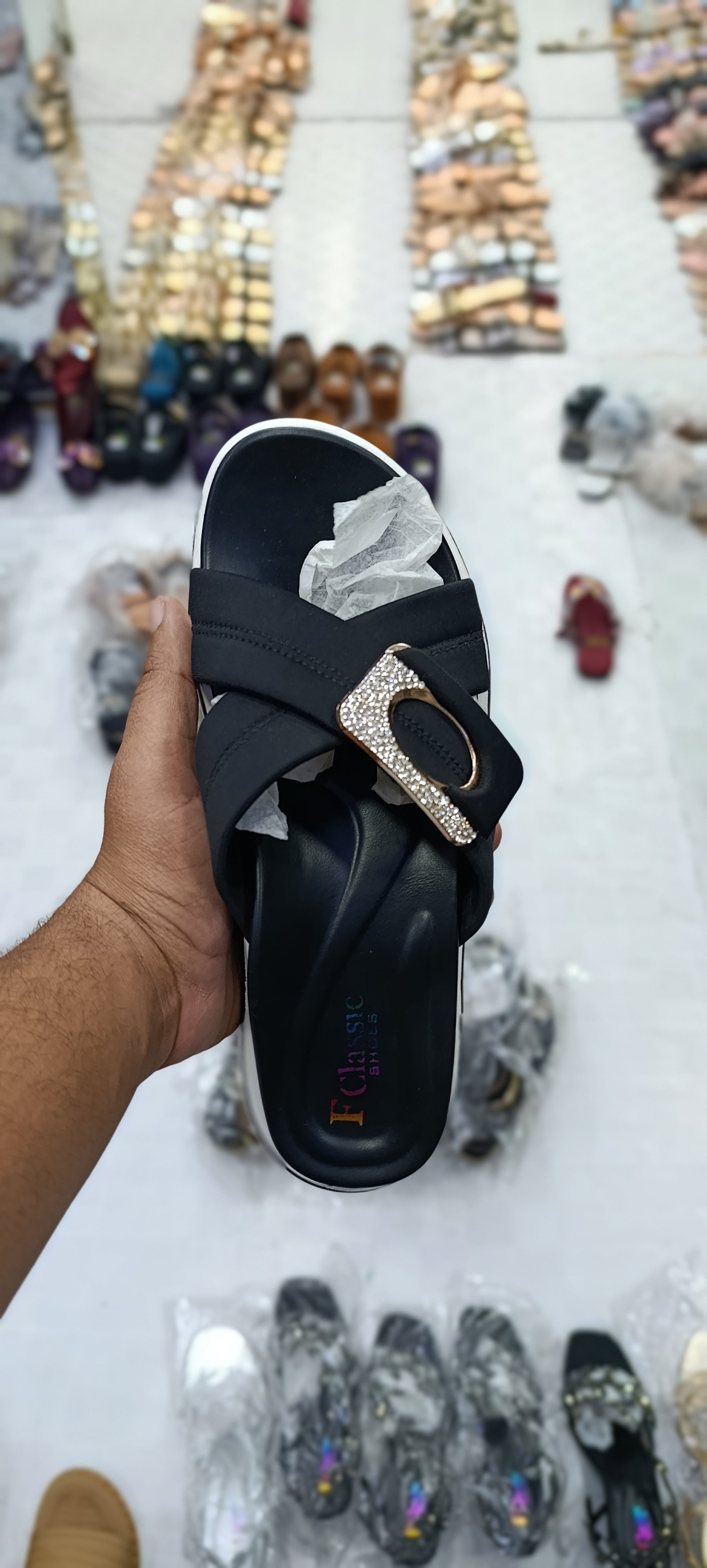 E-Classic Ladies Rhinestone Crossover Comfort Sandals