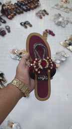 S.Four Collection Maroon Jewel-Encrusted T-Strap Flats – Luxurious Ruby Embellished Festive Chappals