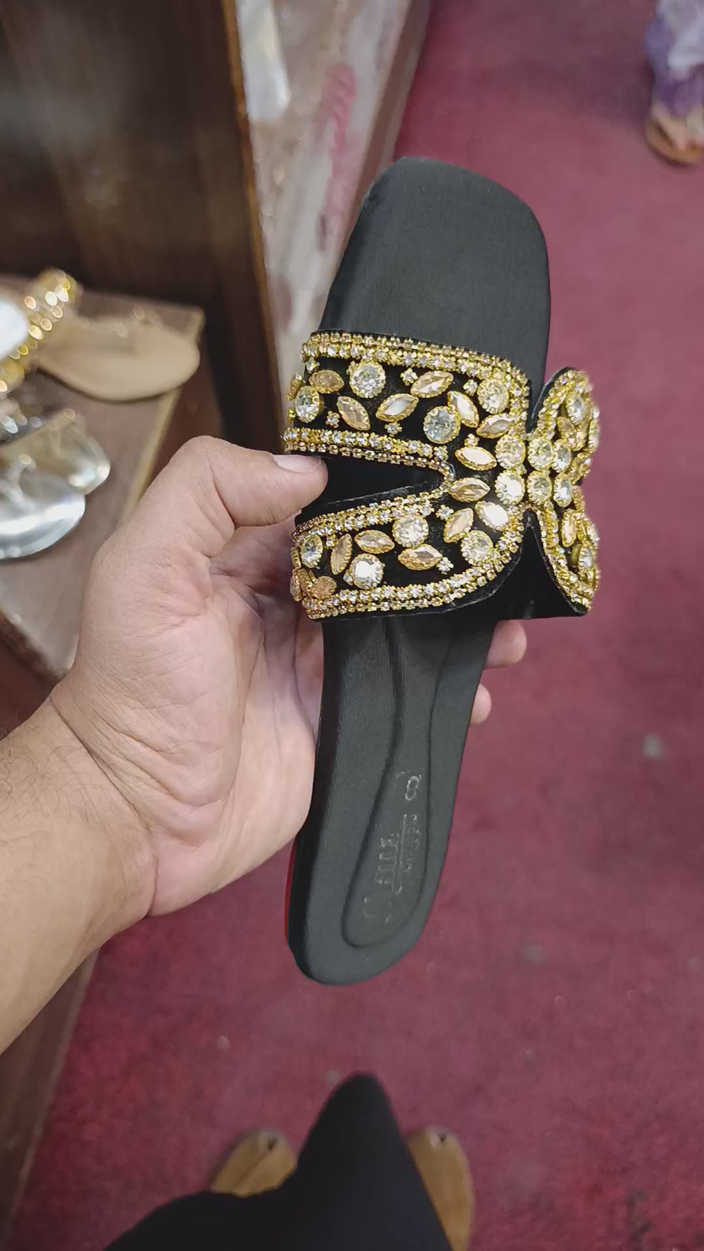 Women's Gold Crystal Flat Sandals – Rhinestone Embellished Chappal for Ladies