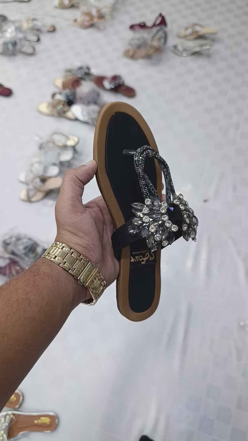 Stylo Ladies Obsidian Jewel-Encrusted Toe-Post Sandals – Glamorous Floral Crystal Flat Chappals (Model 9024)