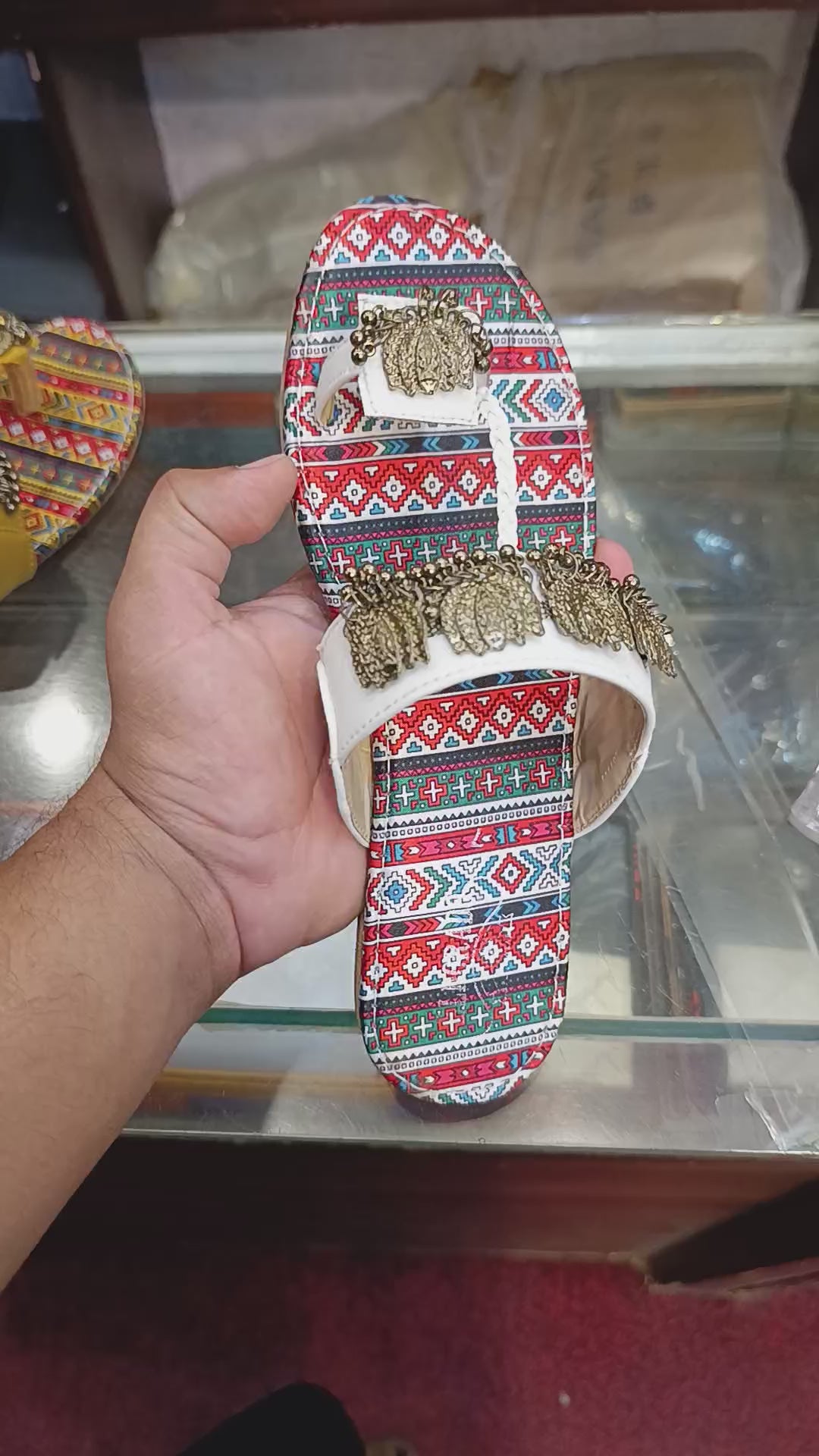 Women's Tribal Printed Flat Sandals with Antique Gold Leaf Charms – Ethnic Chappal for Ladies