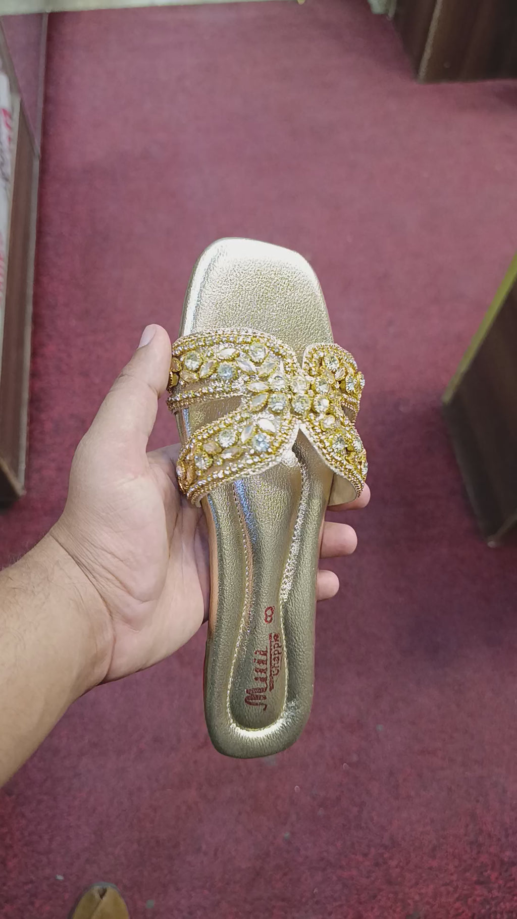 Women's Gold Crystal Flat Sandals – Rhinestone Embellished Chappal for Ladies
