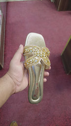 Women's Gold Crystal Flat Sandals – Rhinestone Embellished Chappal for Ladies