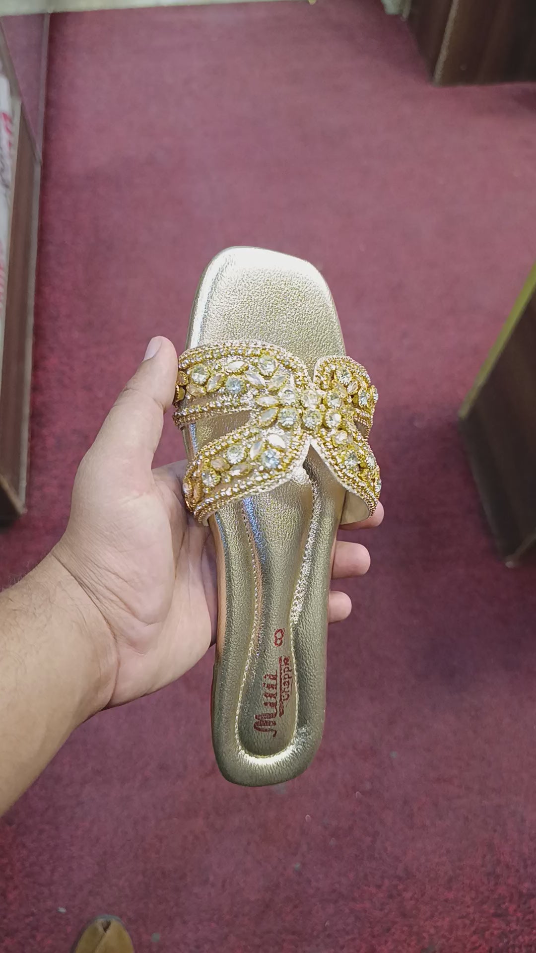 Women's Gold Crystal Flat Sandals – Rhinestone Embellished Chappal for Ladies
