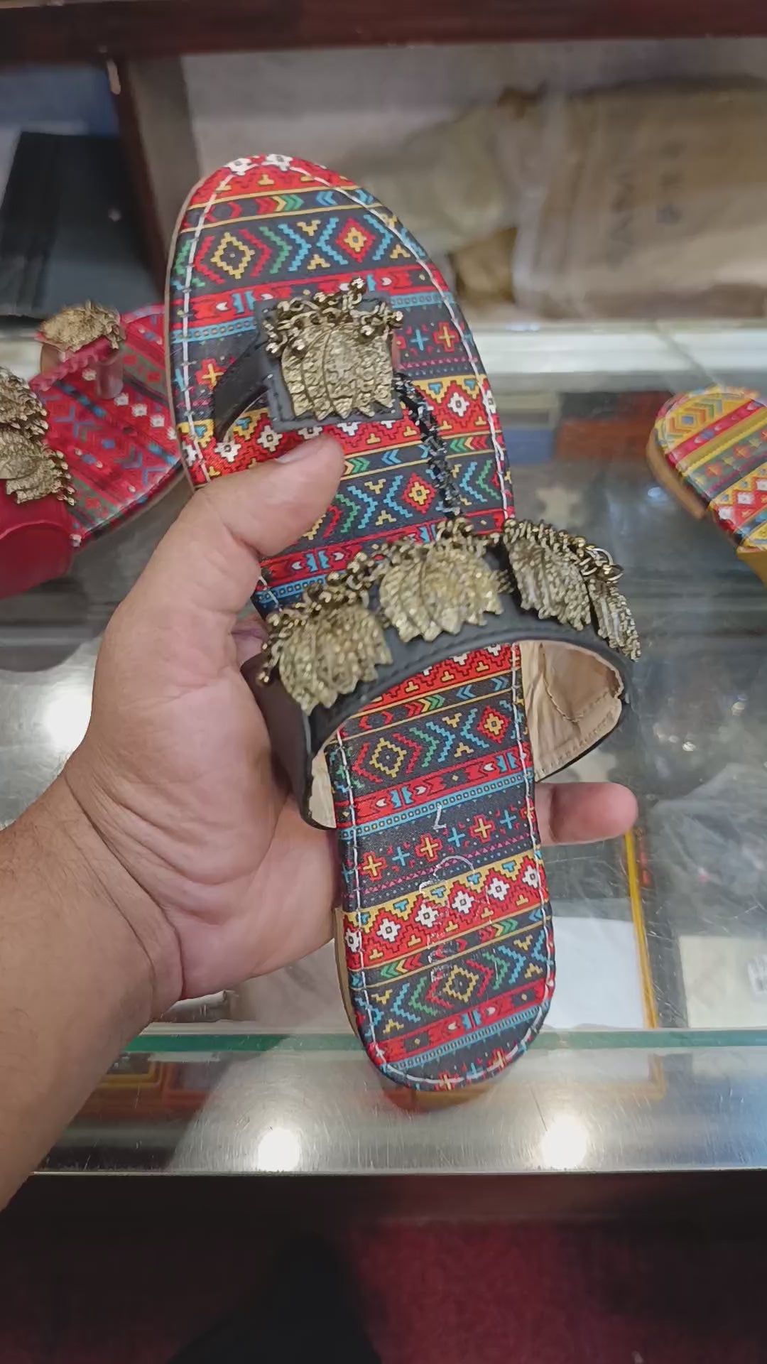Women's Tribal Printed Flat Sandals with Antique Gold Leaf Charms – Ethnic Chappal for Ladies