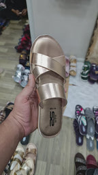Stylo Ladies Rose Gold Metallic Criss-Cross Slides – Elegant Festive Wear Cushioned Chappals