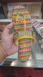 Women's Tribal Printed Flat Sandals with Antique Gold Leaf Charms – Ethnic Chappal for Ladies