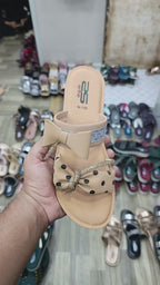Stylo Ladies Nude Polka-Dot Bow Slides – Trendy Double-Strap Shimmer Chappals