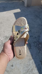 Women's Gold Embroidered Criss-Cross Slide Sandals – Elegant Floral Champagne Slides