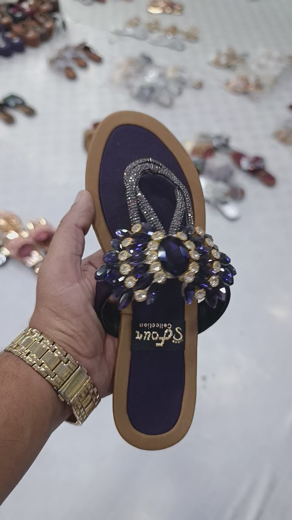 S-Four Collection Midnight Plum Crystal-Embellished T-Strap Flats – Royal Jeweled Festive Chappals