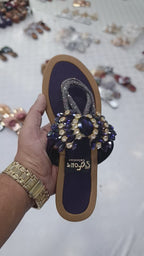 S-Four Collection Midnight Plum Crystal-Embellished T-Strap Flats – Royal Jeweled Festive Chappals