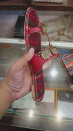 Women's Tribal Printed Flat Sandals with Antique Gold Leaf Charms – Ethnic Chappal for Ladies